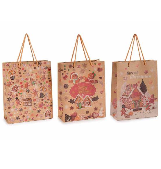 Sacchetto regalo medio in carta naturale con stampa natalizia biscottini cm. 19x8x24H 48pz.
